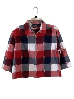 Rachel Brooke Vintage Check American Hearts Cotton Zipper Blouse Large